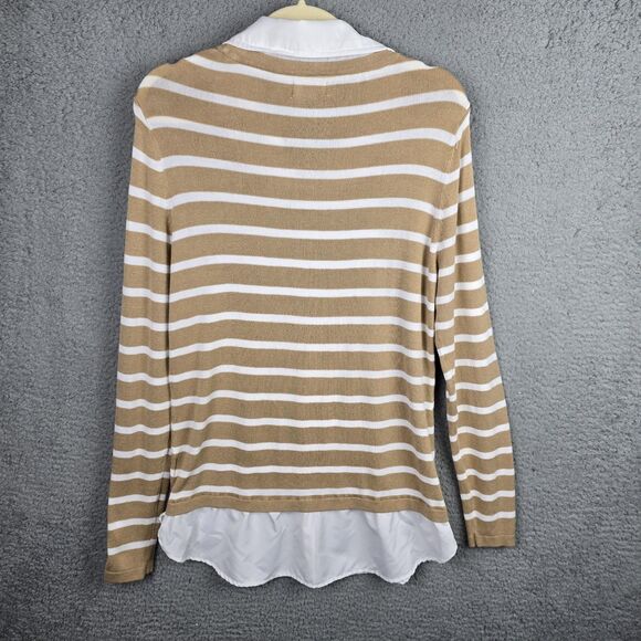 Faded Glory Shirt Sweater Tunic Top L Taupe White Striped Collared Preppy Modern - Picture 2 of 15